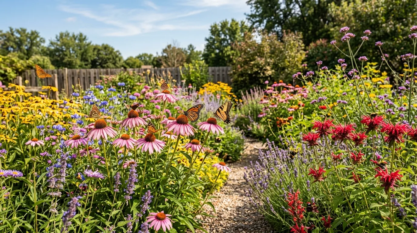 Pollinator-friendly garden with full sun perennials attracting bees and butterflies.