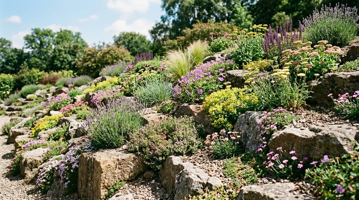 Rocky garden slope filled with sun-loving perennials growing between stones.