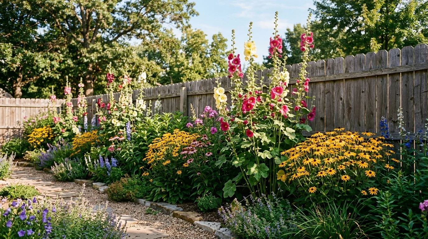 Garden border with tall blooming perennials lining a wooden fence.