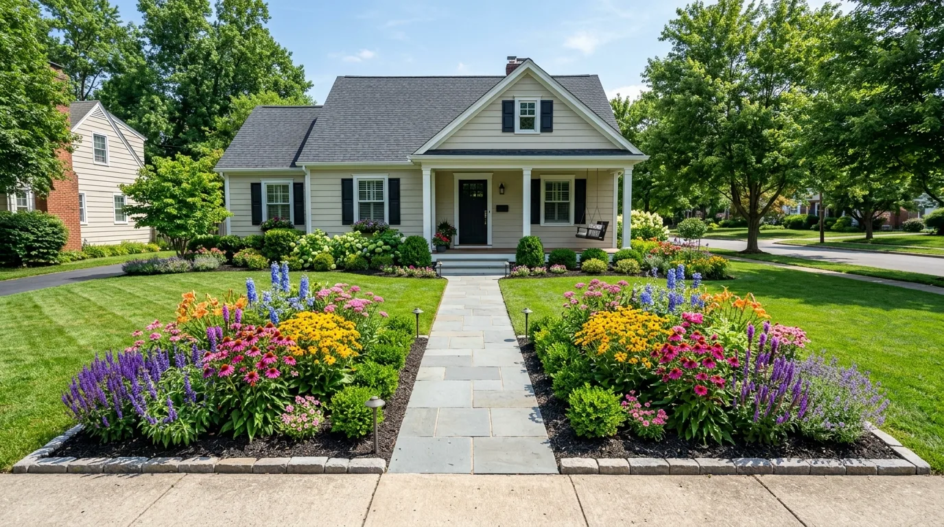 Front yard flowerbeds filled with vibrant full sun perennials.