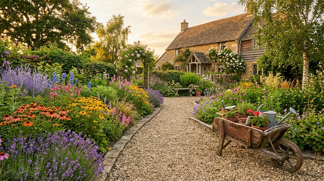 Rustic farmhouse garden with clusters of sun-loving perennials and gravel paths.
