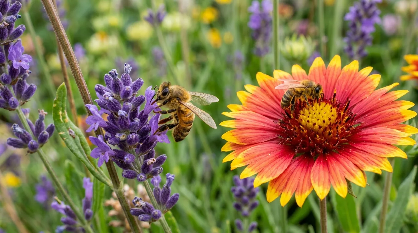 Close-up of full sun perennials like lavender and blanket flowers with visiting bees.