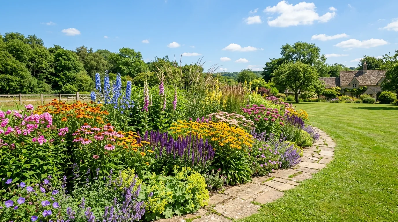 Mixed perennial garden thriving under direct sun with layered heights and rich colors.
