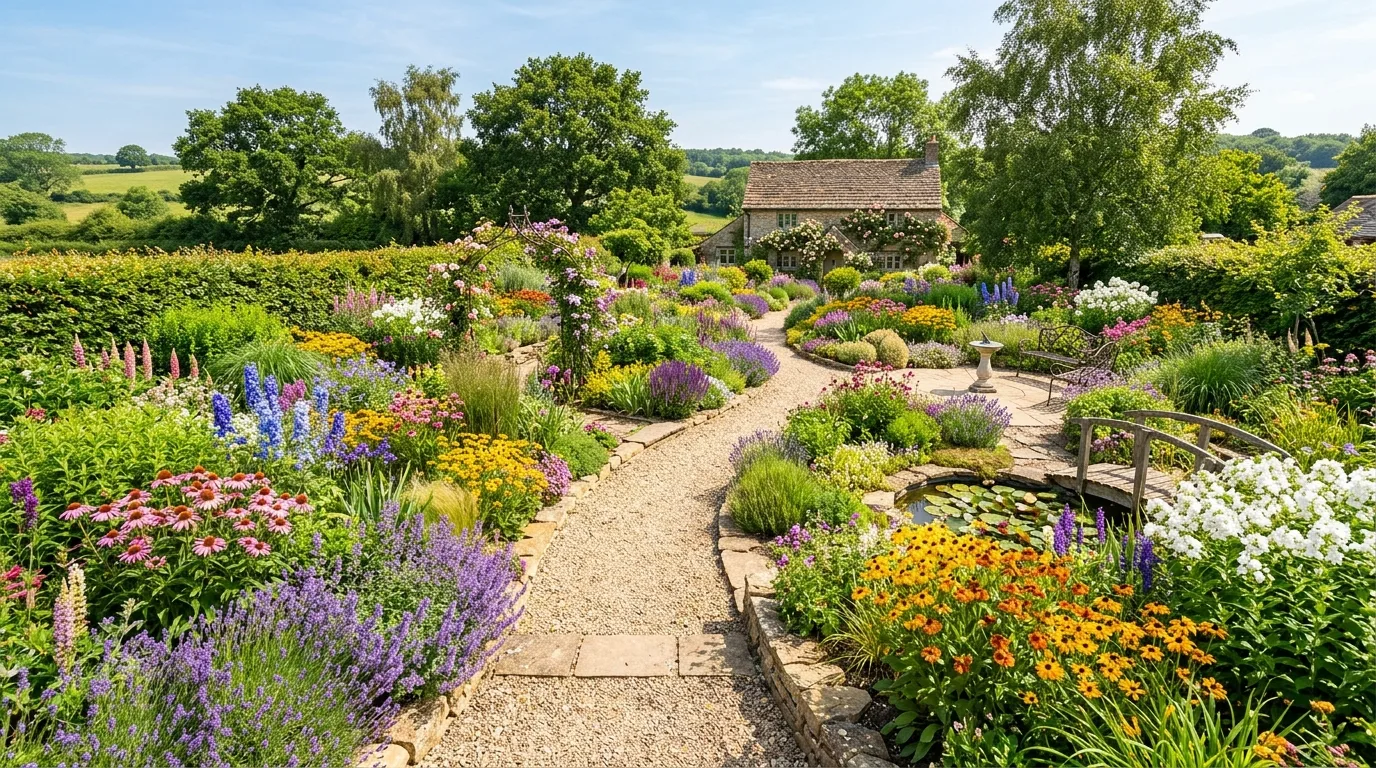 Fully landscaped sunny garden filled with diverse full sun perennials in bloom.