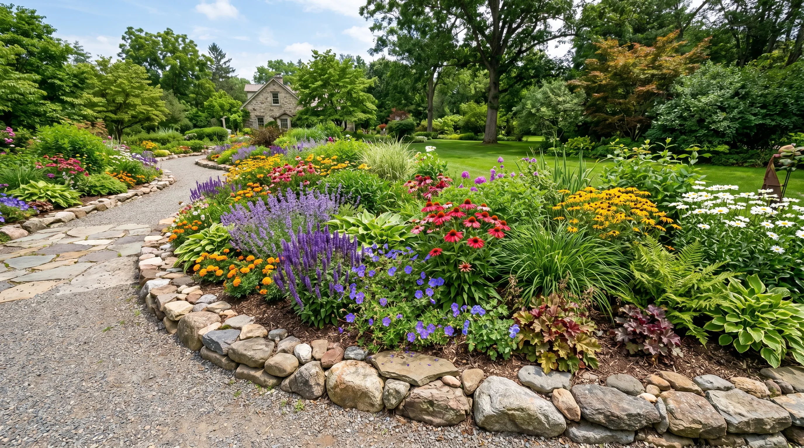 Flower bed bordered with natural stone edging and colorful blooming plants.
