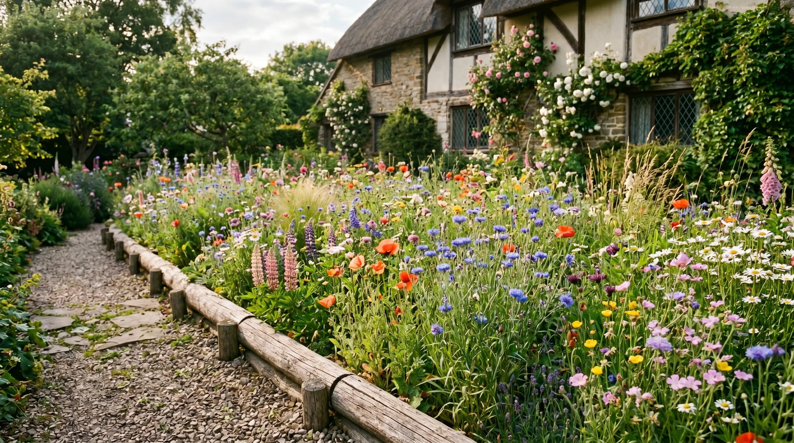 Wooden log border defining a cottage flower bed filled with wildflowers.