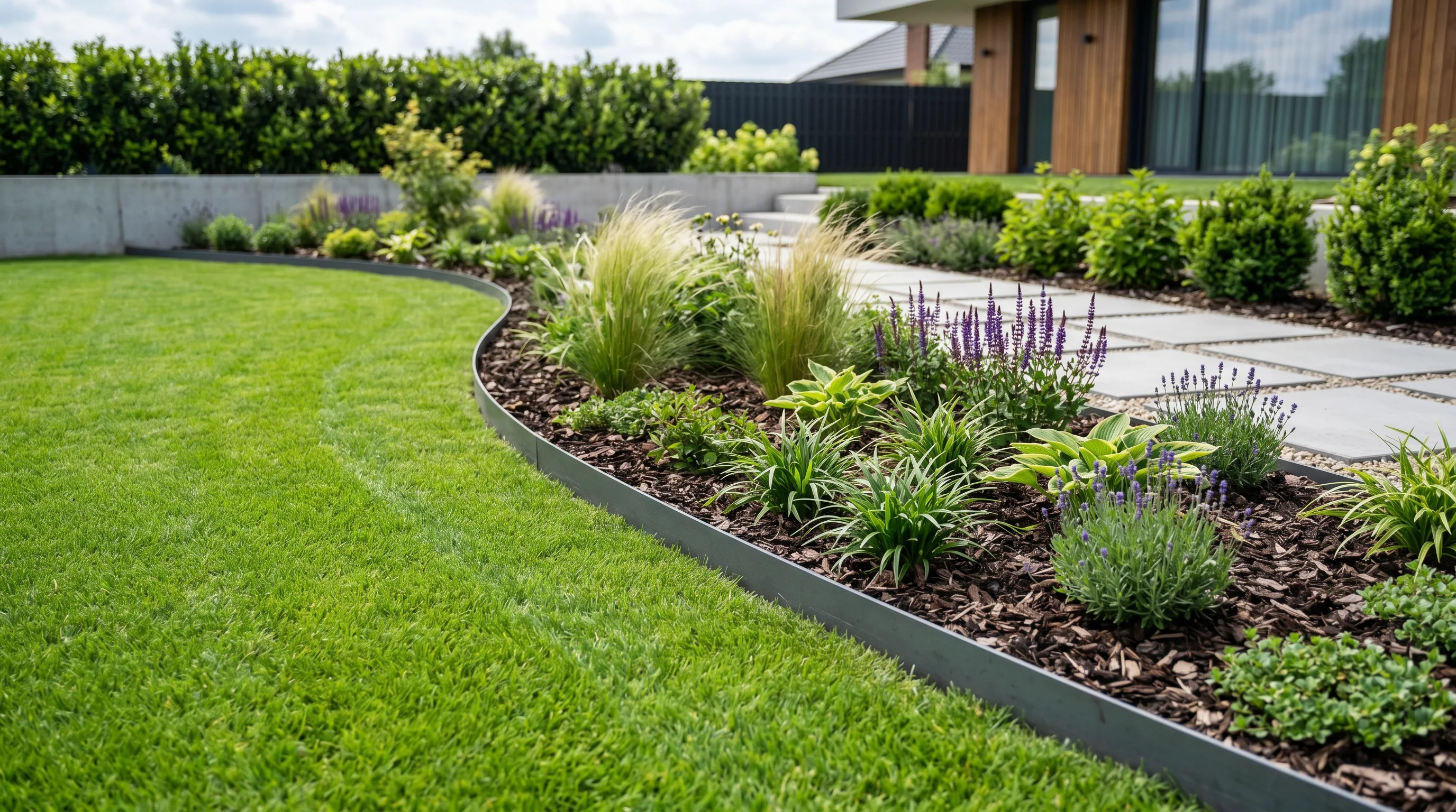 Modern metal edging separating lawn and flower beds with clean lines.