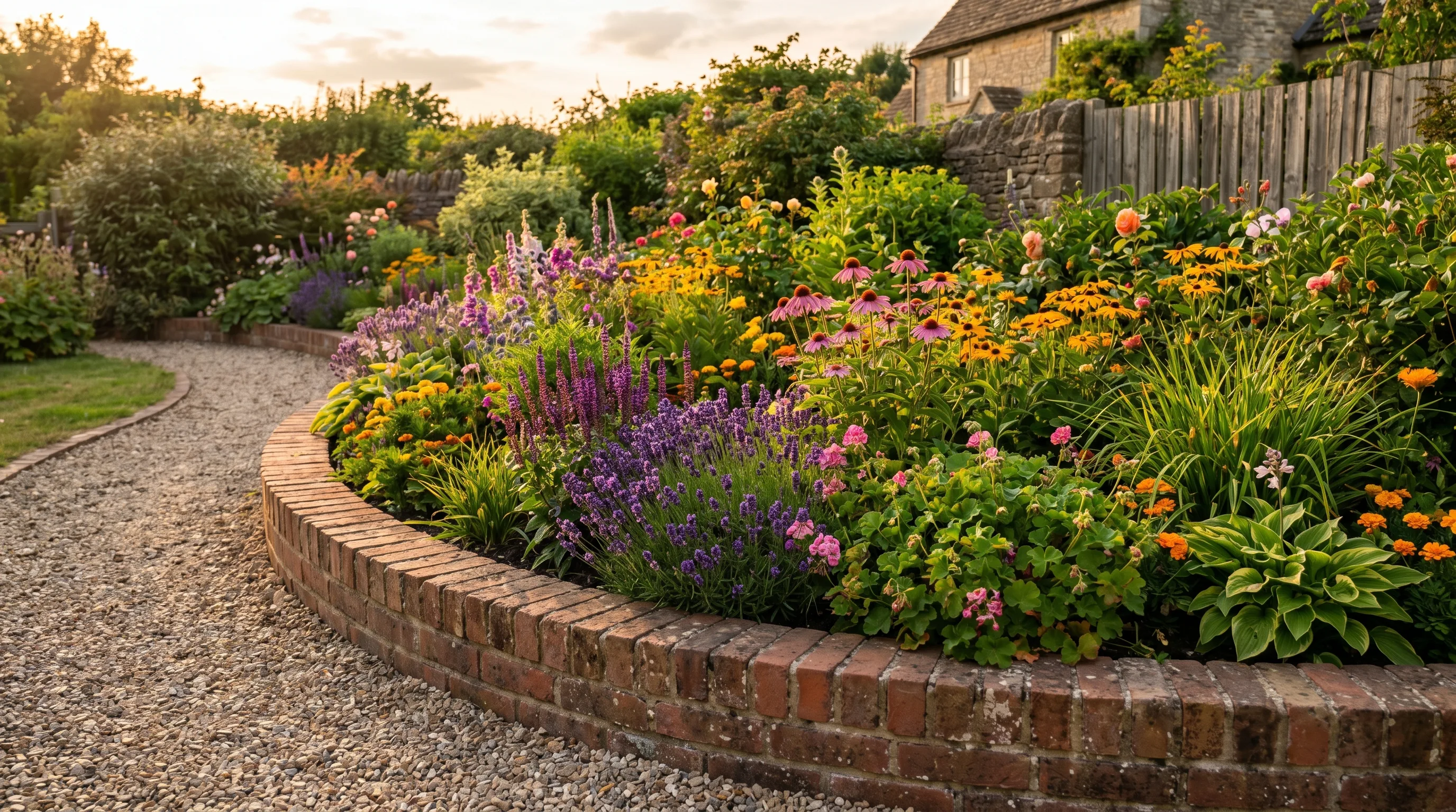 Brick garden border forming a neat curved edge around a flower bed.