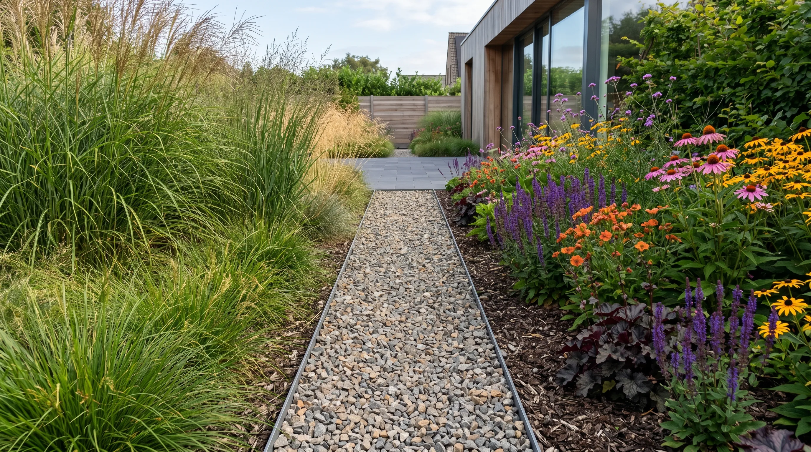 Gravel trench border separating ornamental grasses and flower beds.