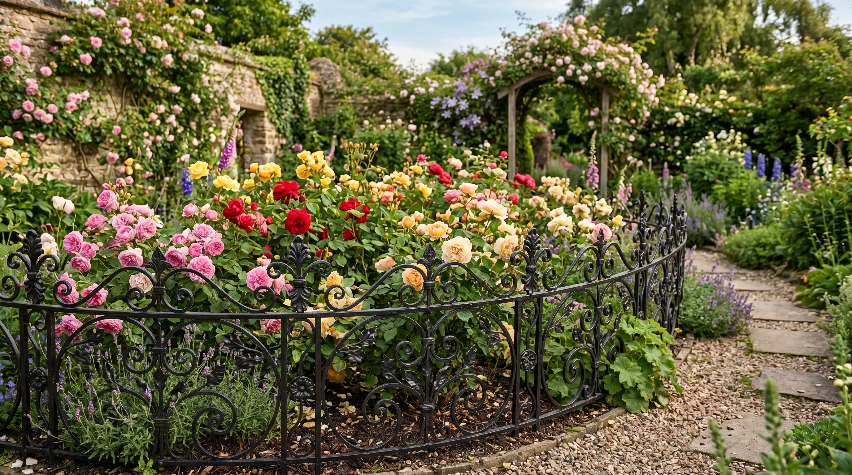 Decorative wrought iron border framing a blooming rose bed.