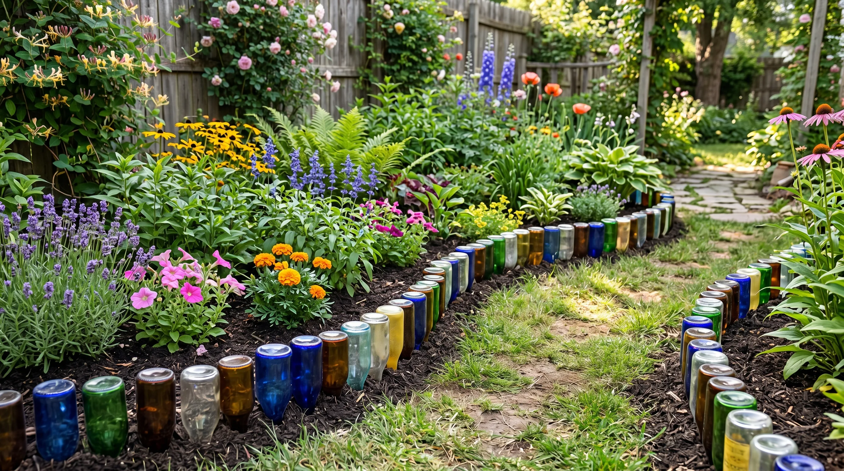 Recycled bottle garden border forming colorful edging around plants.