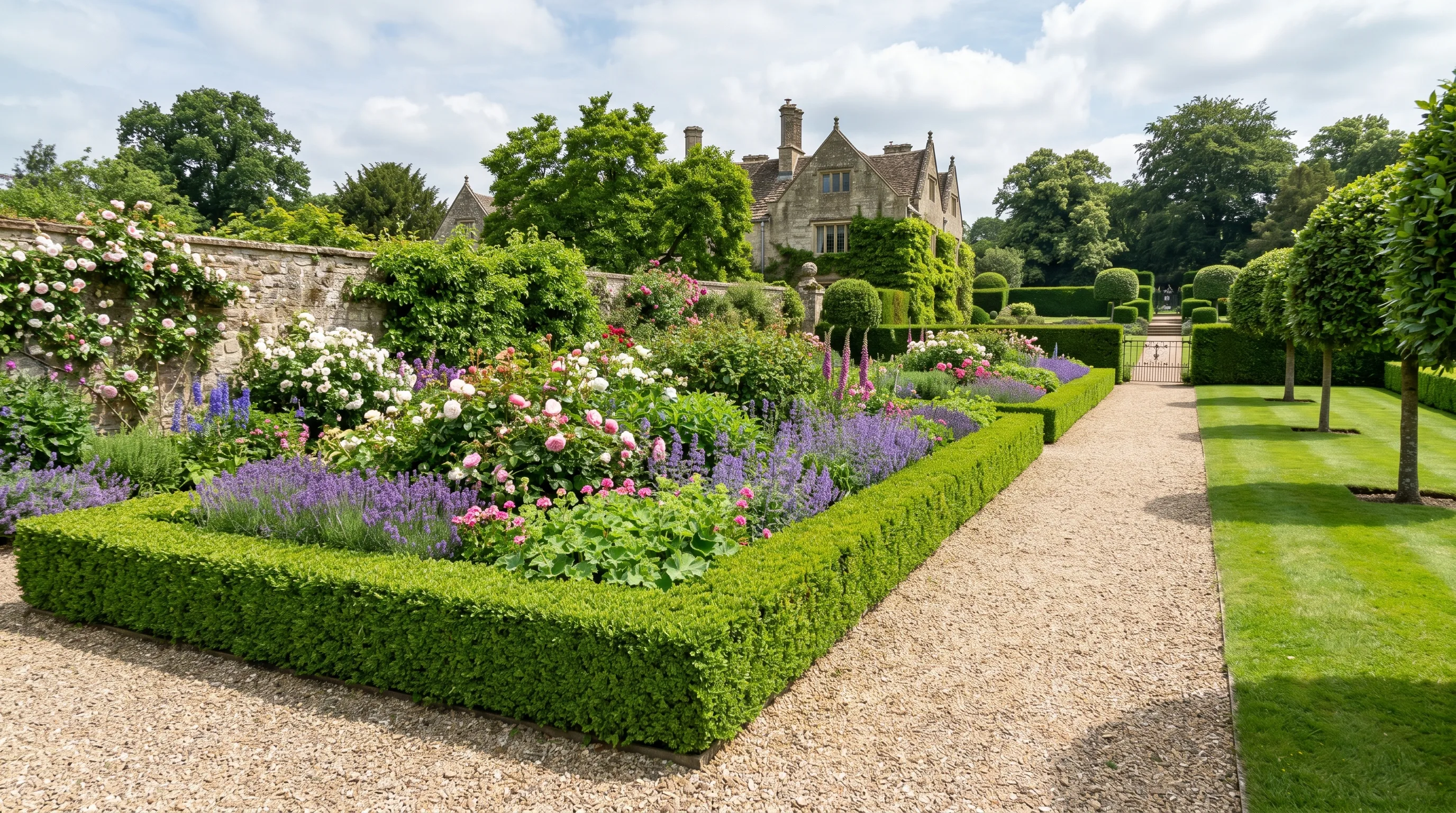 Low hedge border outlining a structured flower bed.