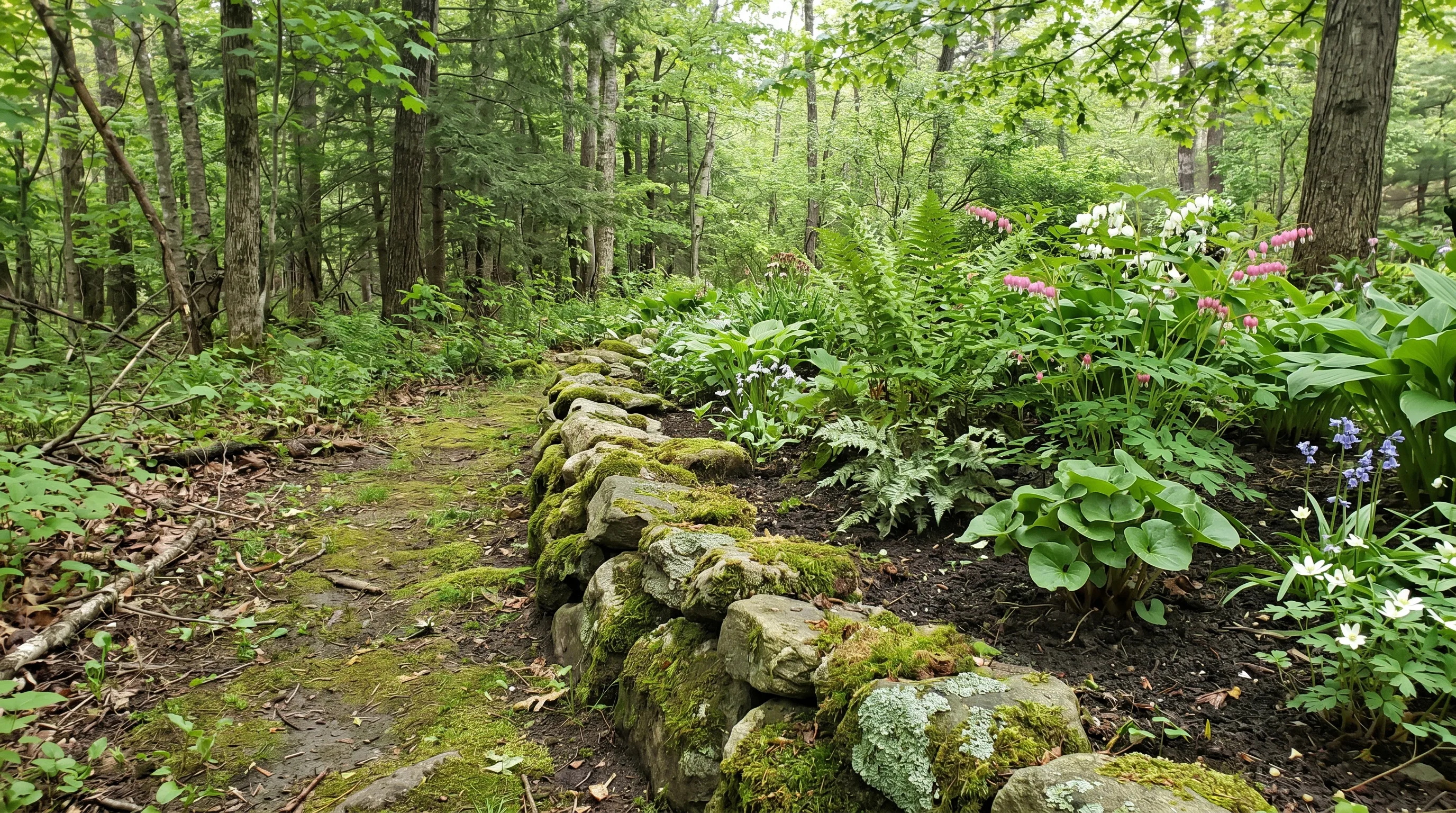 Stone and moss border blending into a woodland garden flower bed.