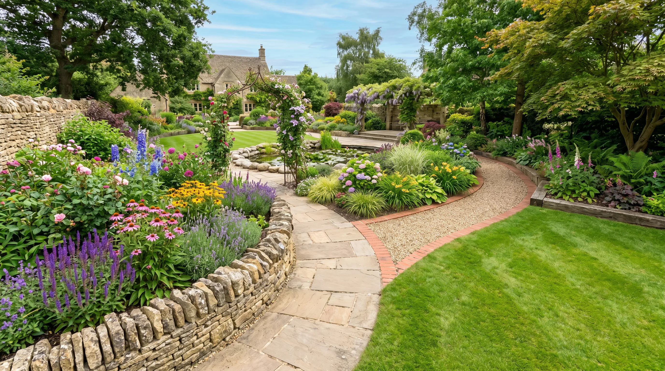 Landscaped garden showing multiple border styles defining flower beds.