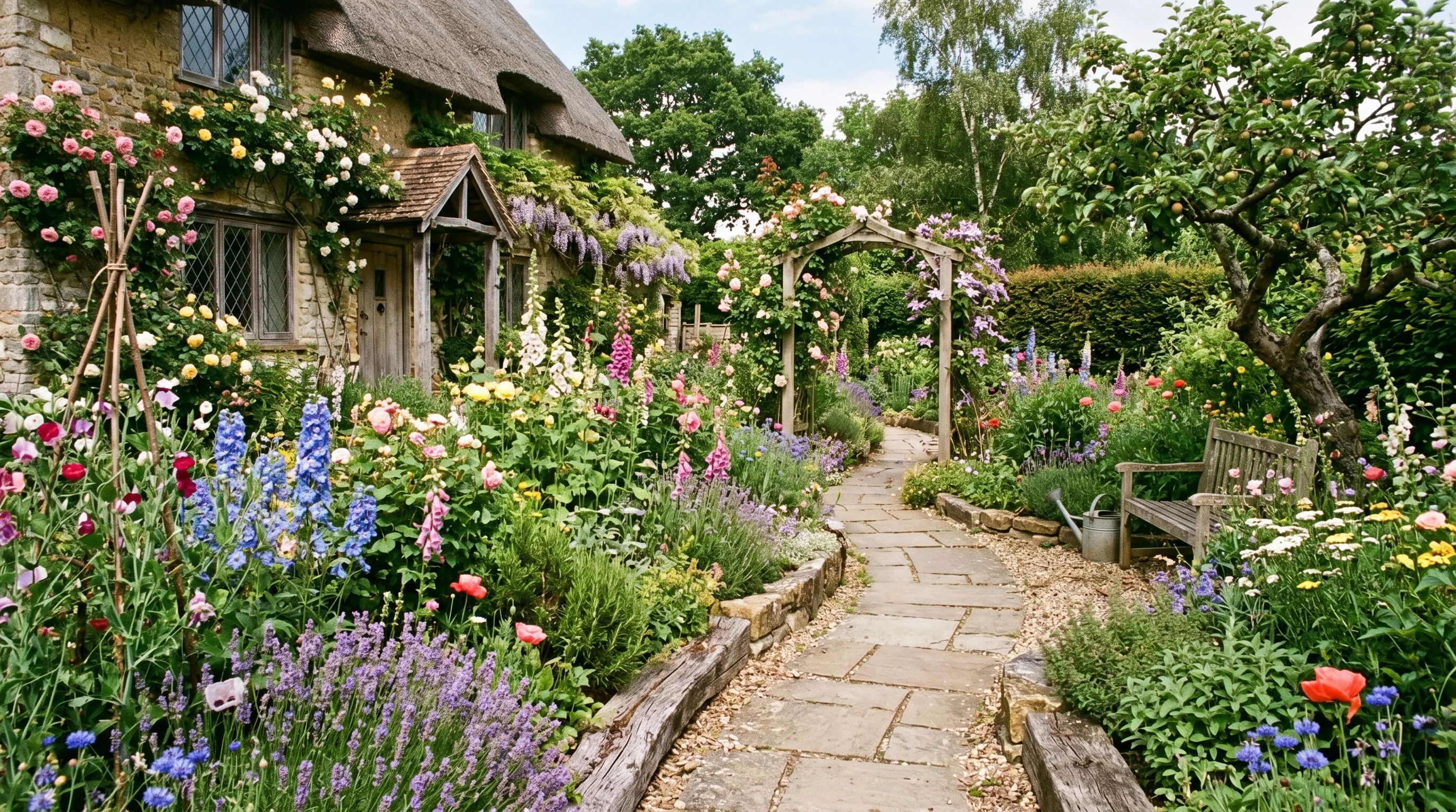 Cottage garden with mixed border of flowers, herbs, and rustic edging materials.