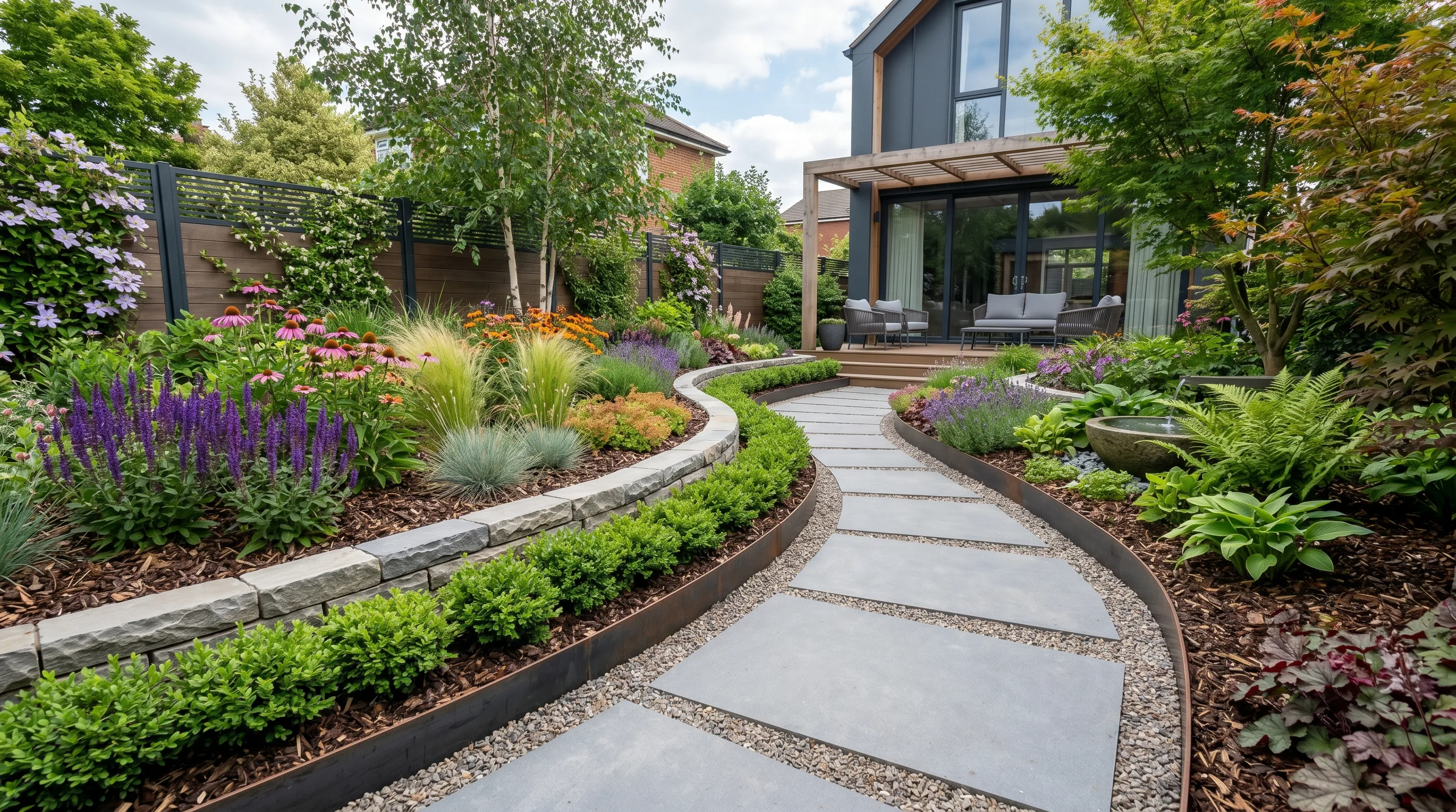 Modern backyard garden featuring layered borders of stone, metal, and plants.