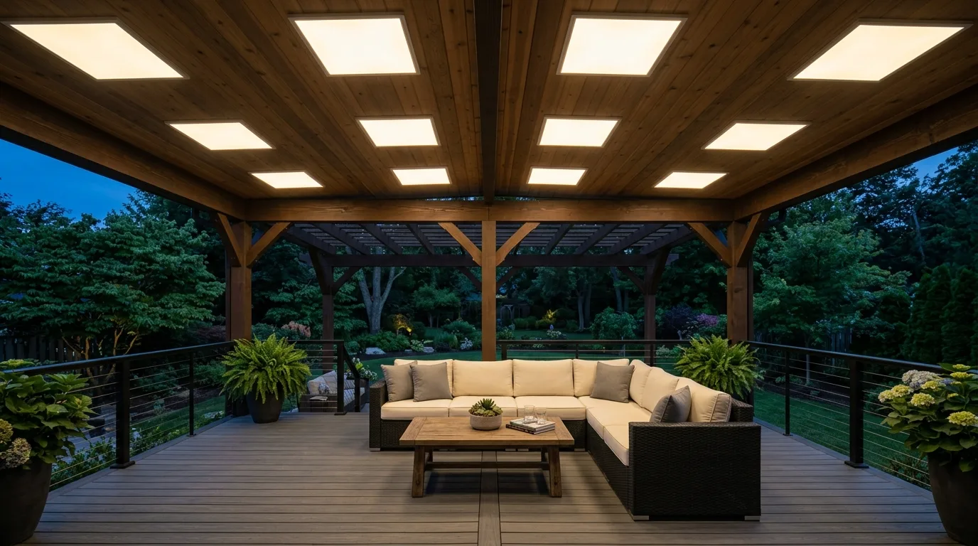 Covered deck with bright overhead LED panel lights built into a pergola ceiling.