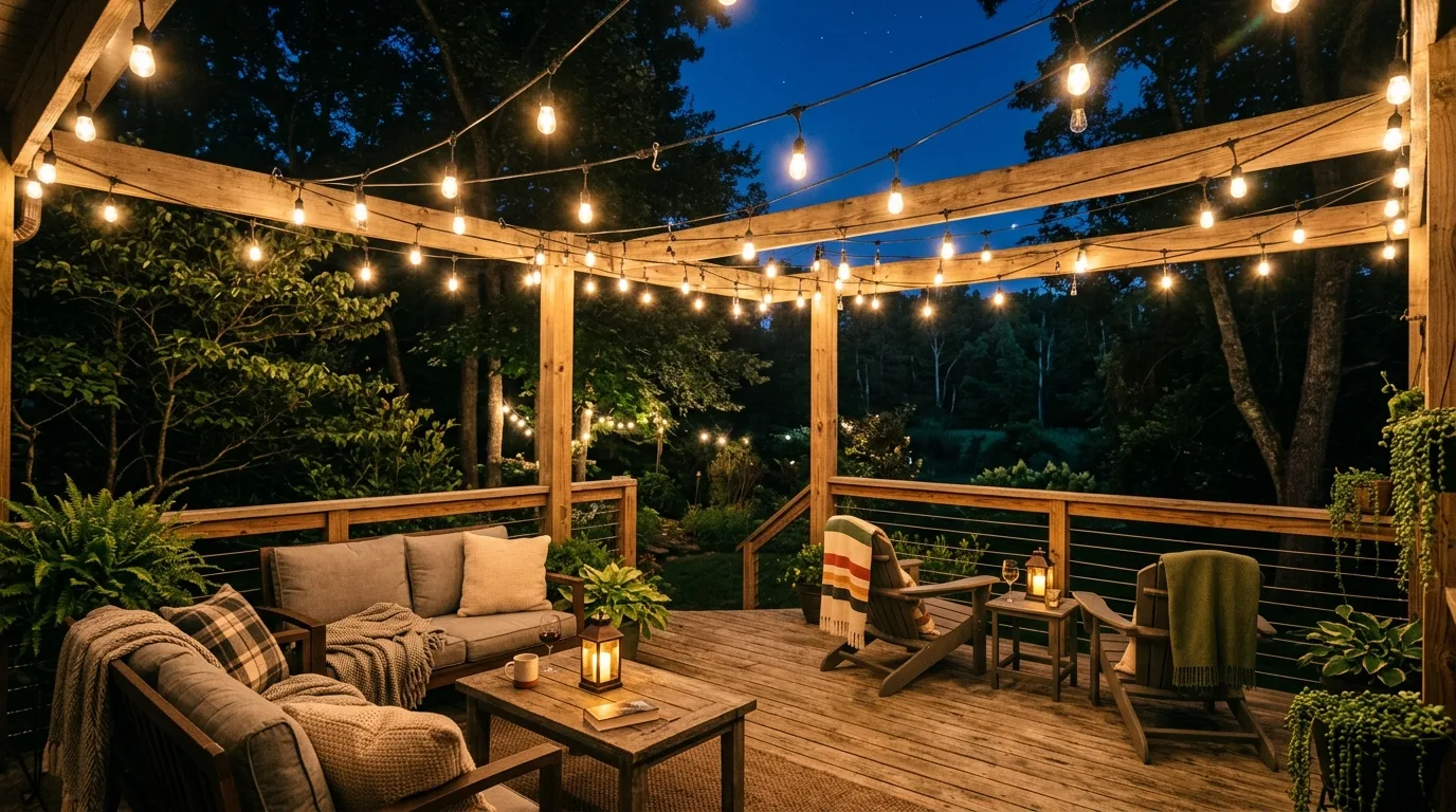 Cozy outdoor deck with string lights crisscrossed overhead for full coverage glow.