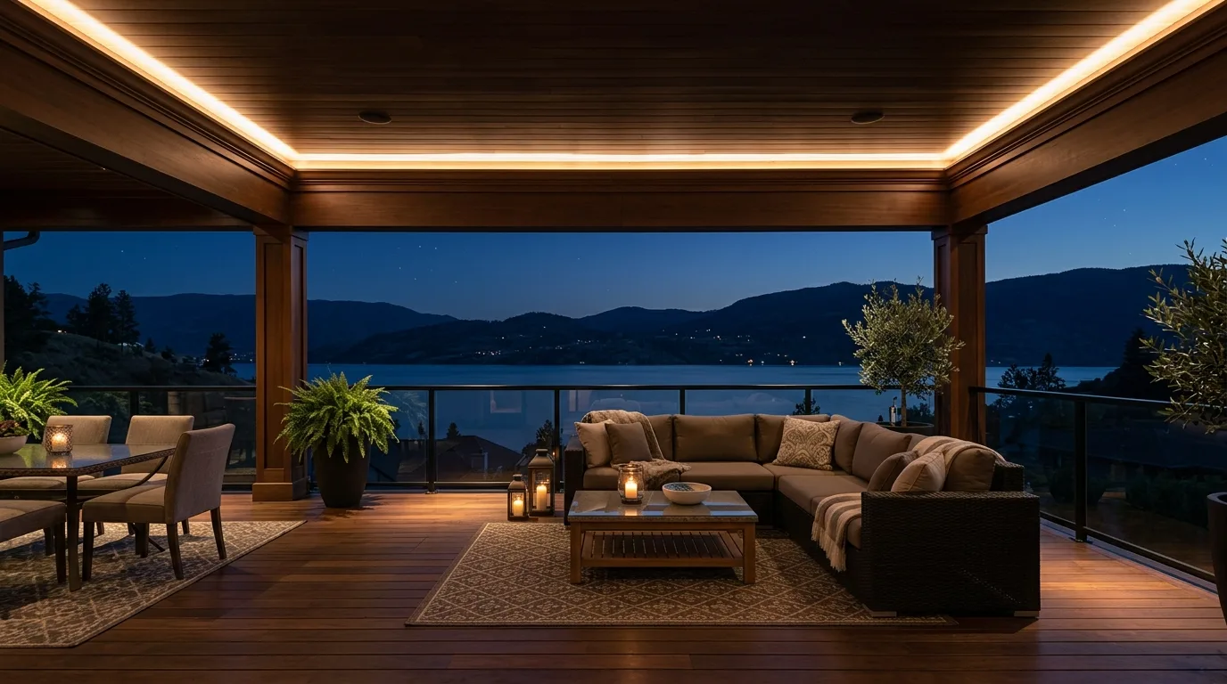 Luxury deck with integrated overhead cove lighting around the ceiling perimeter.