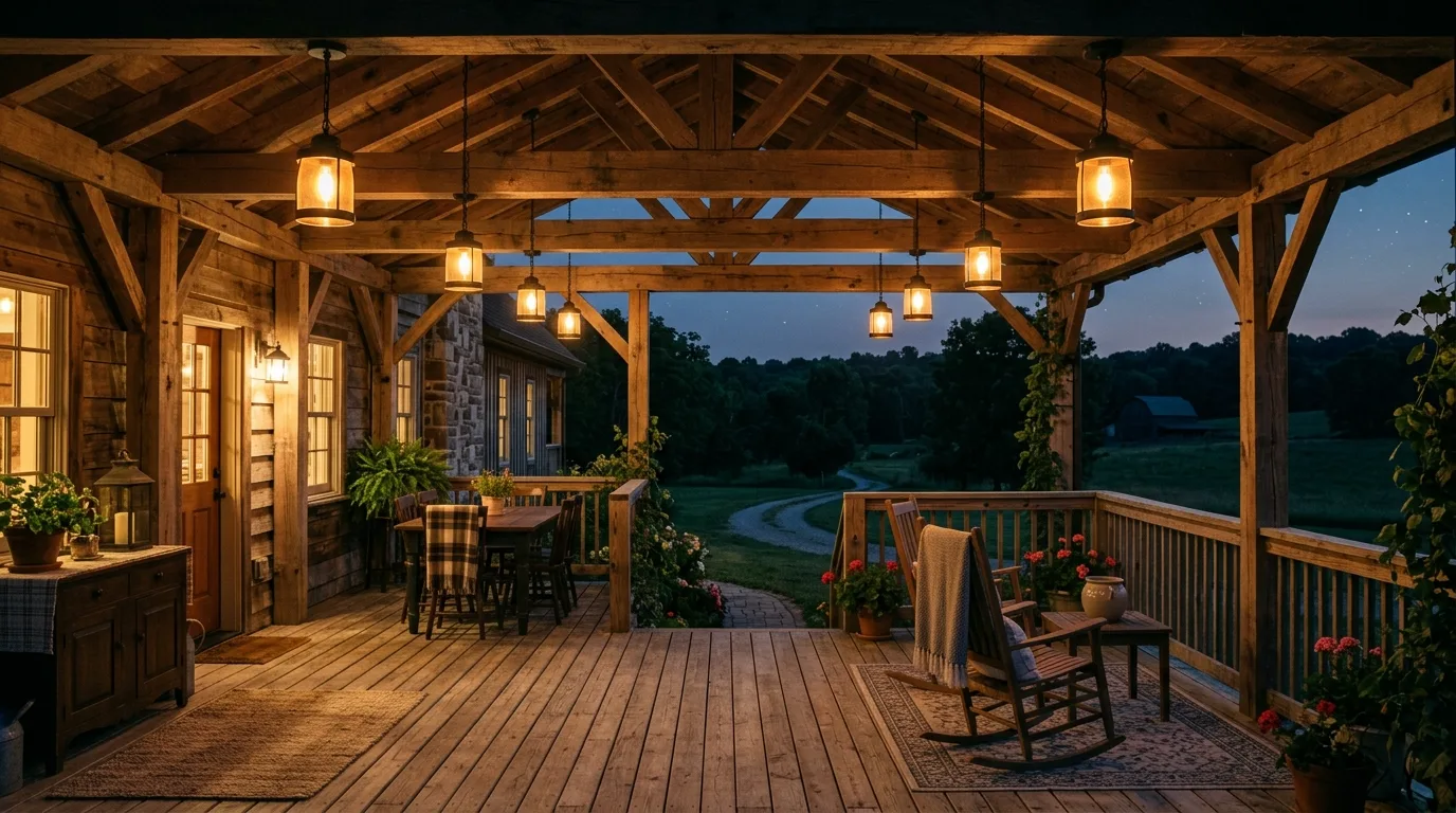Farmhouse-style covered deck with pendant lights spaced evenly across ceiling beams.