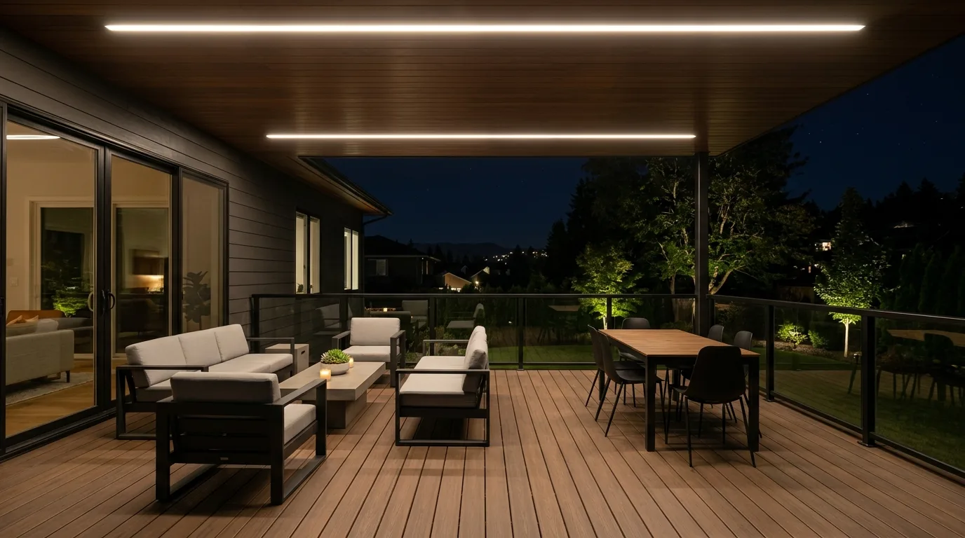 Minimalist deck with flush-mounted overhead LED lights providing full-area illumination.