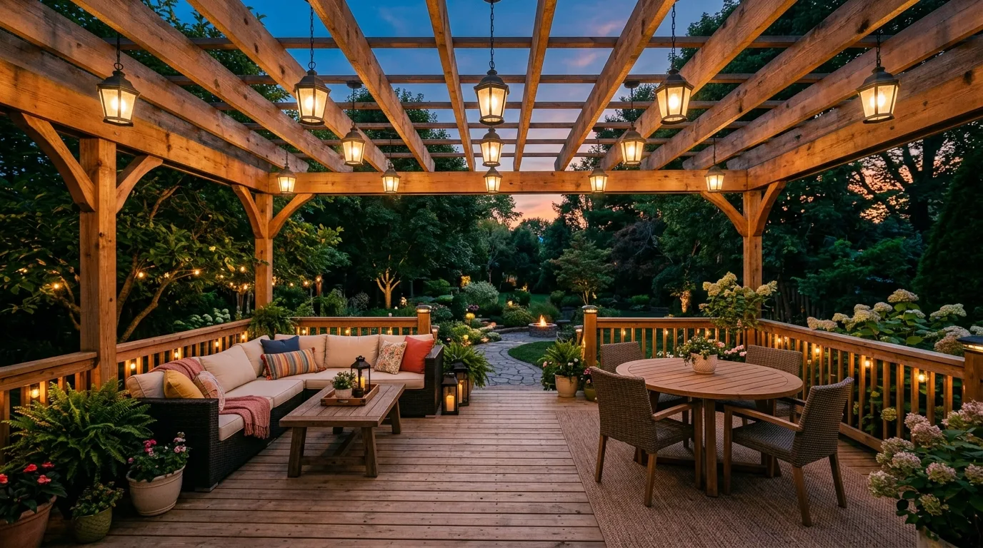 Pergola deck with overhead lantern-style fixtures spaced evenly for balanced coverage.