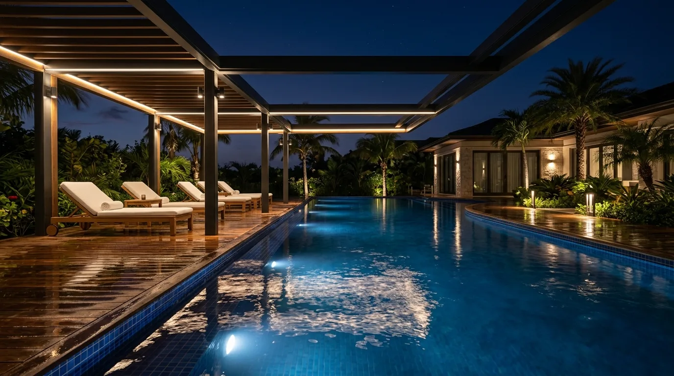 Poolside deck with overhead waterproof lighting reflecting off water and decking.