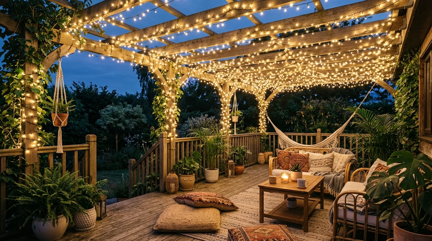Boho deck with fairy lights layered across the full overhead structure.
