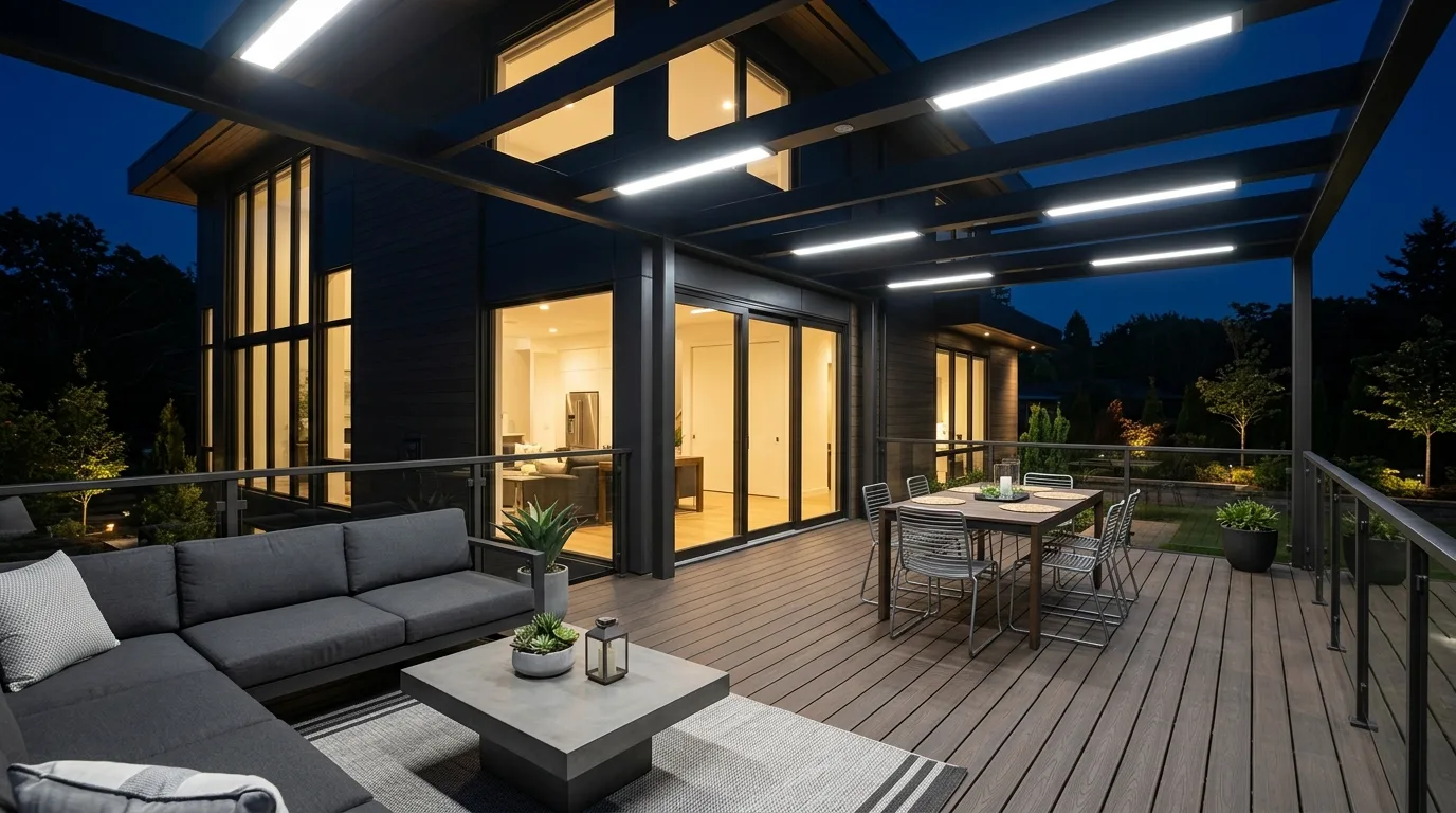 Contemporary deck with motion-sensor overhead lights providing full coverage illumination.