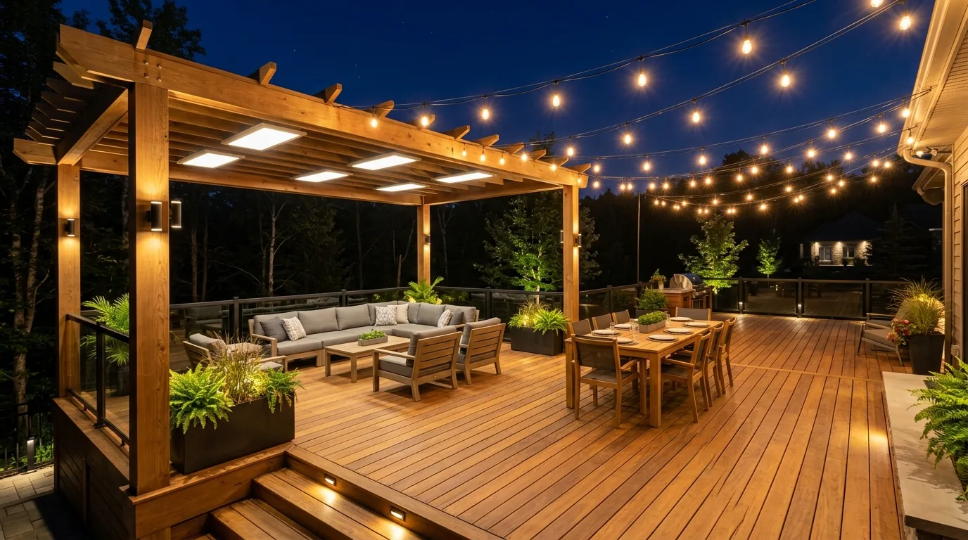 Fully illuminated deck with layered overhead lighting creating even brightness across the space.