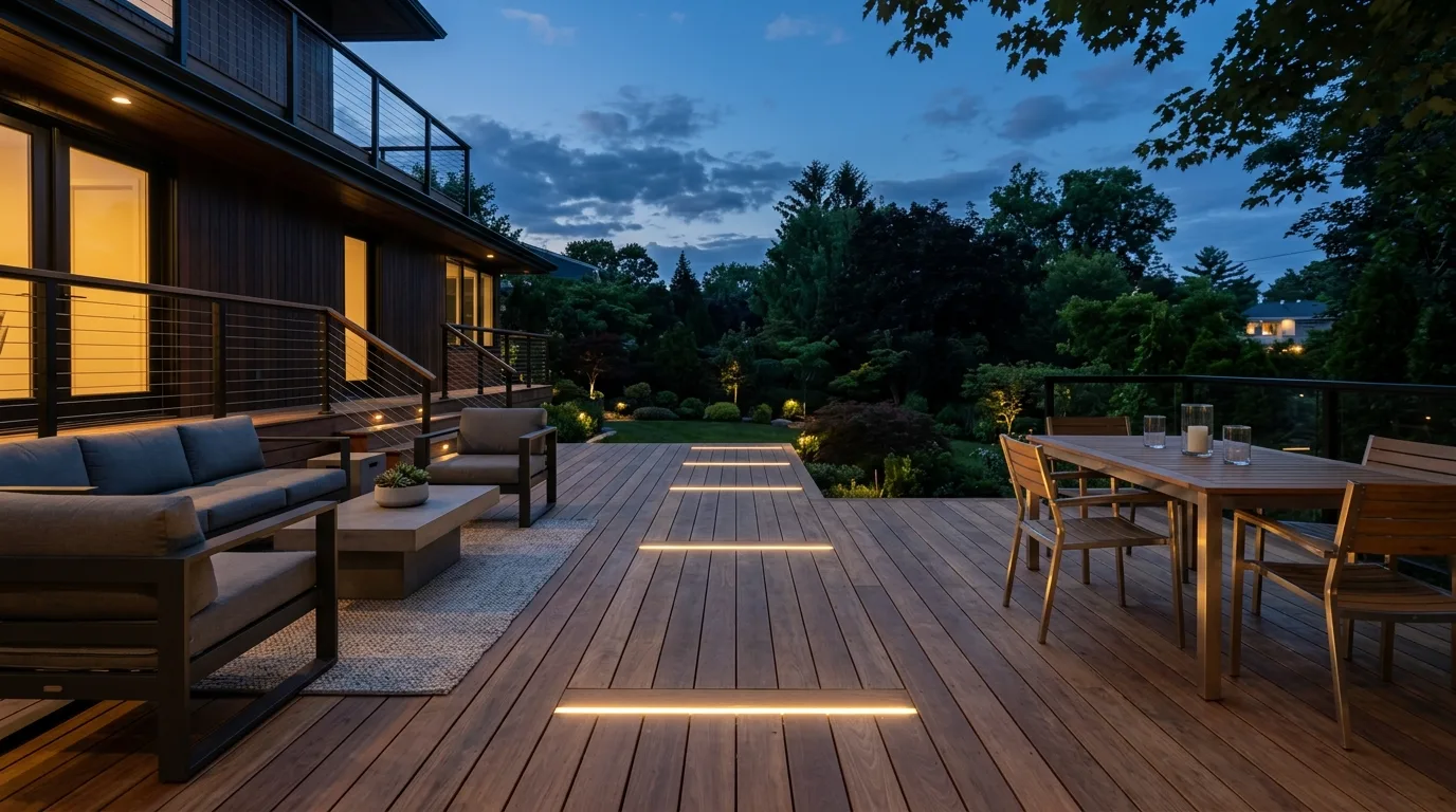 Modern back deck with recessed floor lighting and a soft warm glow.