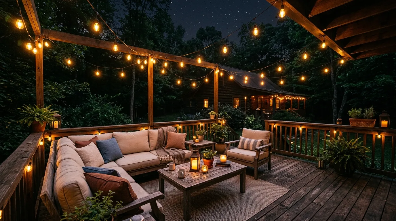 Cozy wooden deck with string lights draped overhead between posts.