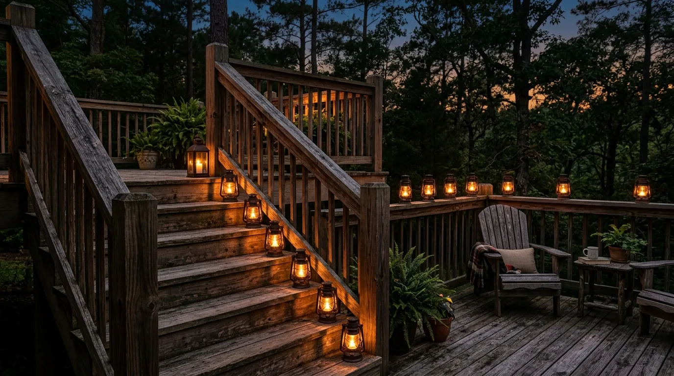 Rustic deck with lanterns placed along stairs and railings.