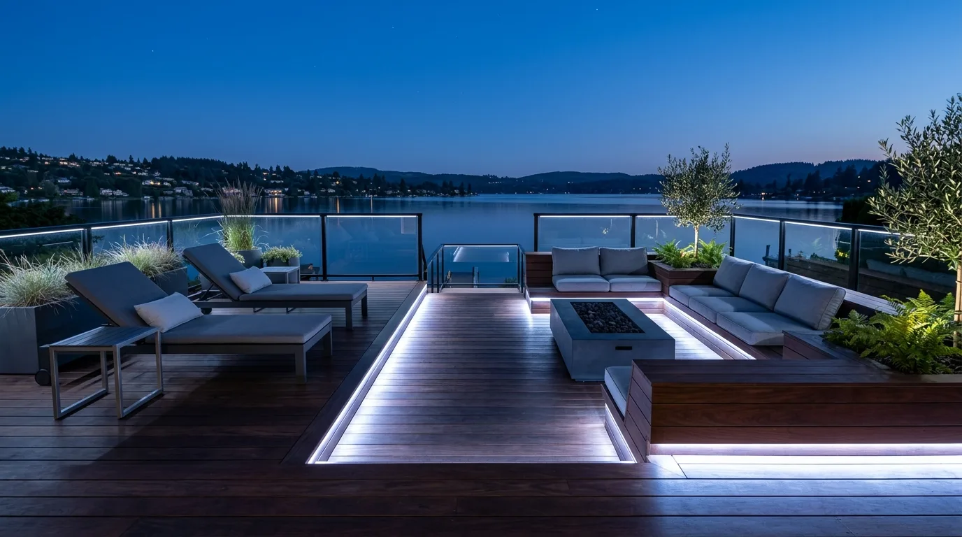 Luxury outdoor deck with built-in LED strip lighting under seating benches.