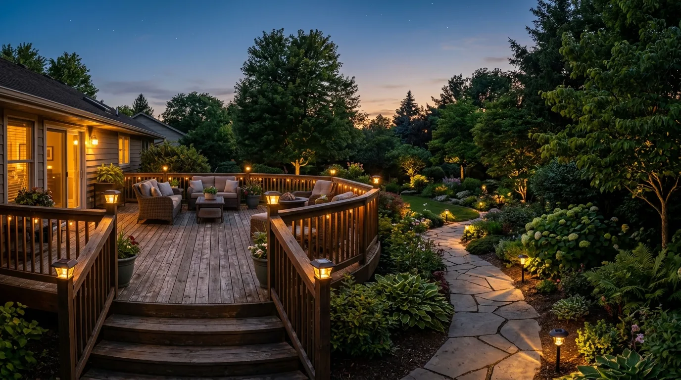 Backyard deck with solar-powered path lights lining the edges.