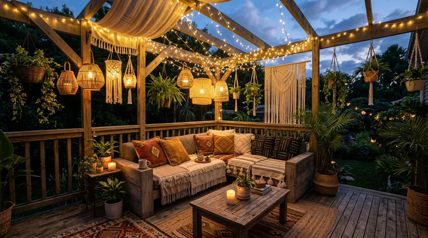 Boho-style deck with hanging fairy lights, woven lanterns, and layered textiles.
