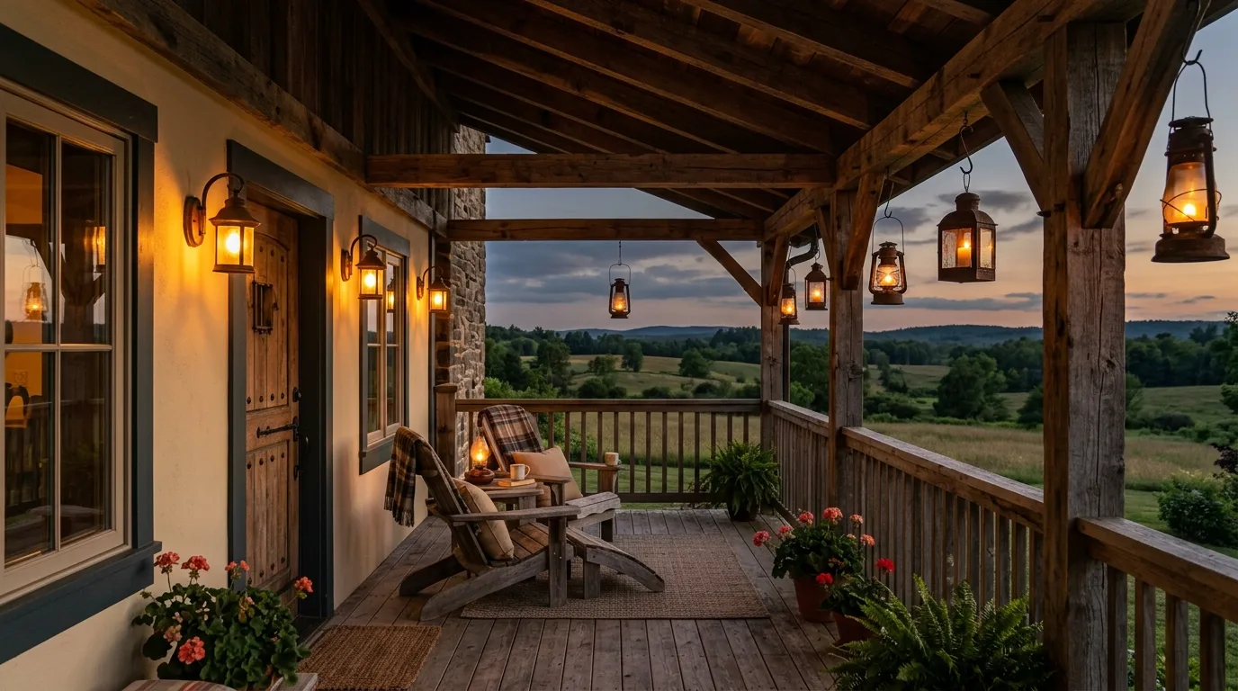 Farmhouse deck with wooden beams, warm wall sconces, and rustic lantern decor.