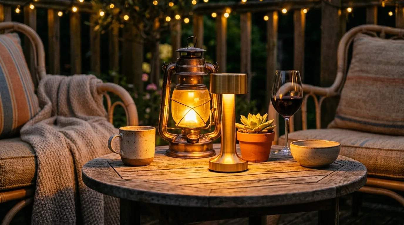 Small compact deck with portable LED lamps and table lanterns.