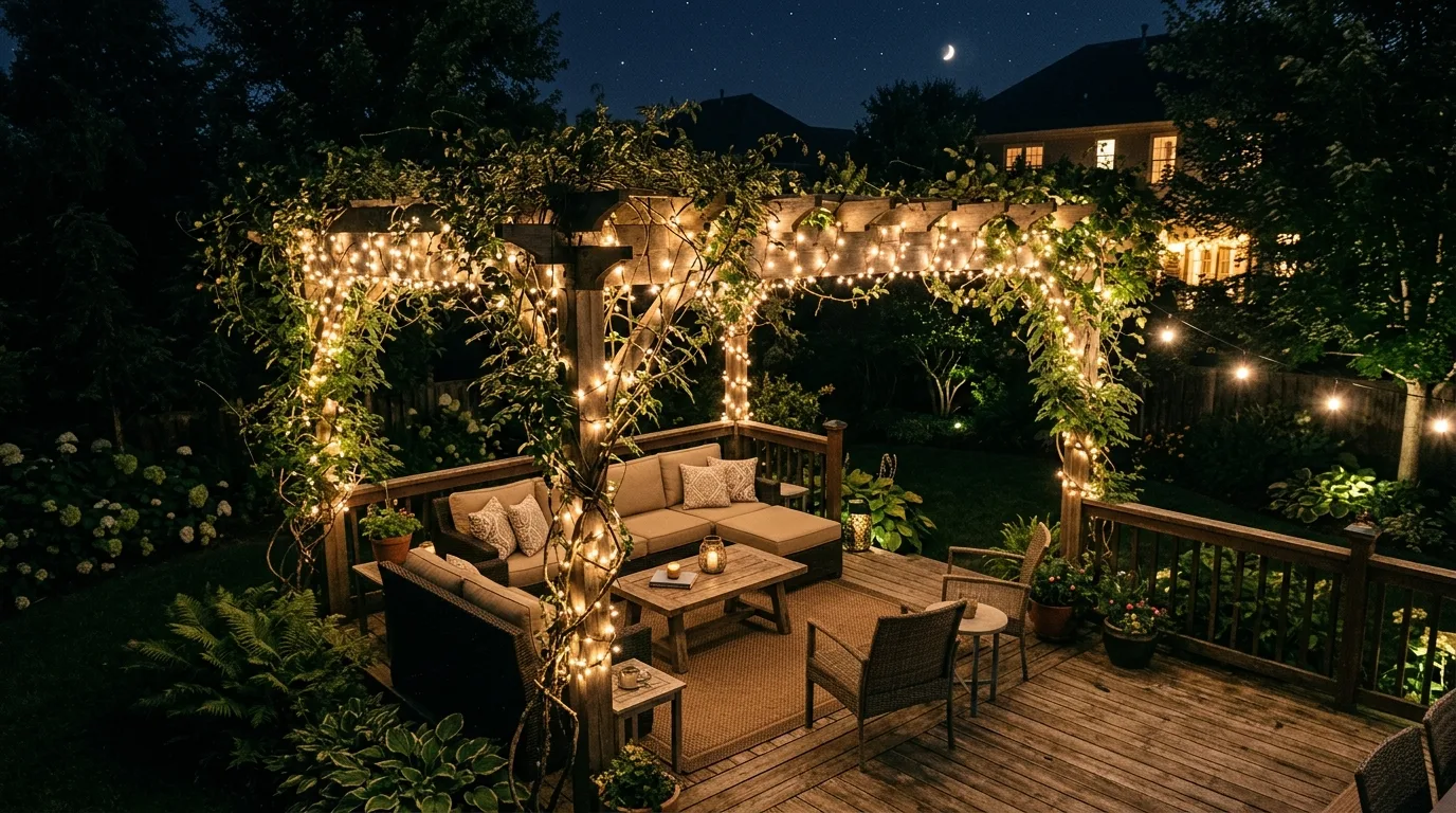 Deck pergola wrapped in string lights and climbing vines.