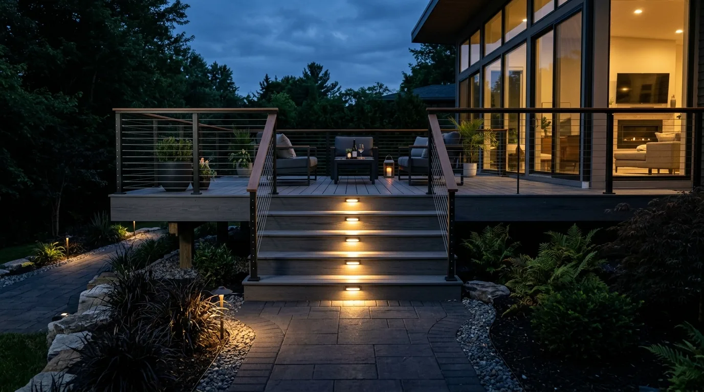Modern deck with motion sensor step lights illuminating stairs and pathways.