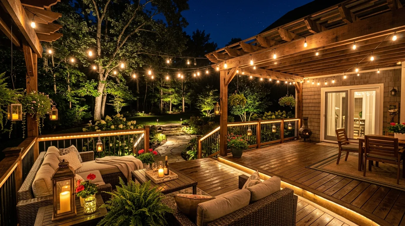 Fully illuminated back deck with layered lighting including lanterns, string lights, LEDs, and landscape lighting.