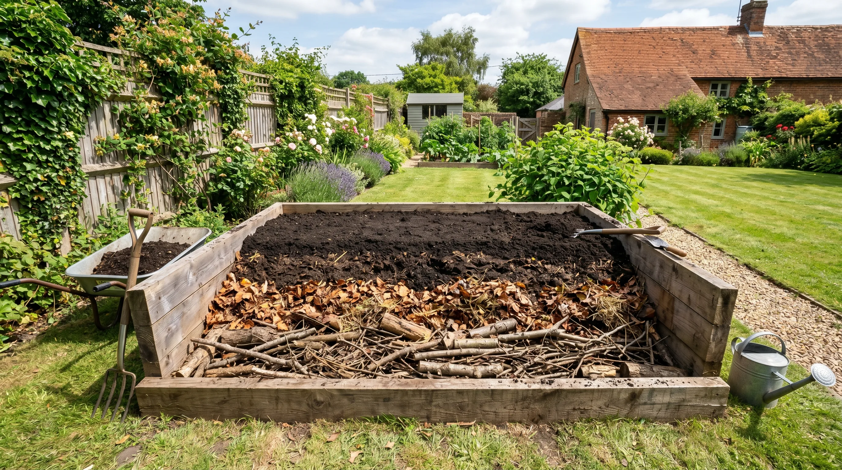Raised garden bed being filled with branches, leaves, compost, and topsoil.