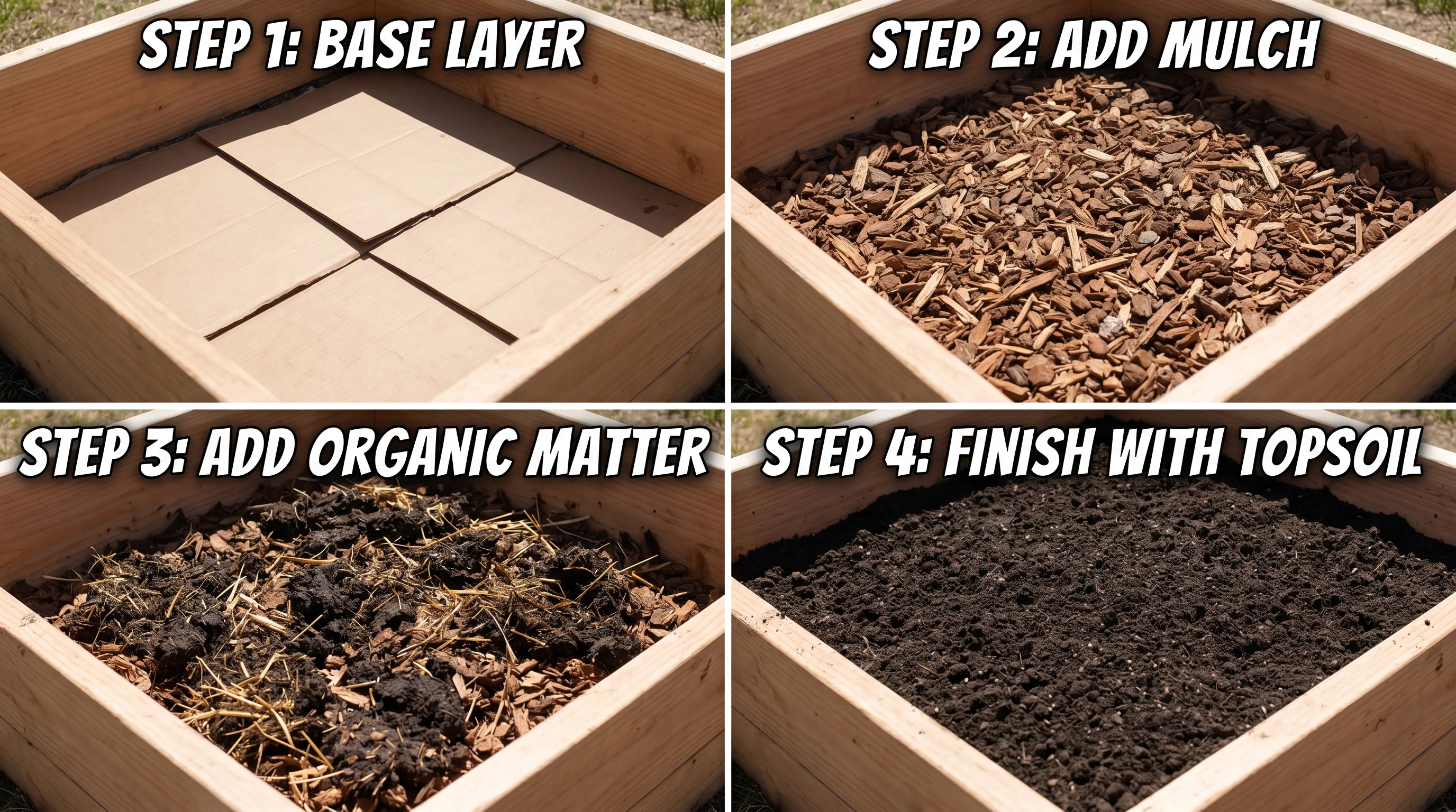 Raised bed filling process showing cardboard base layer with mulch and organic matter.