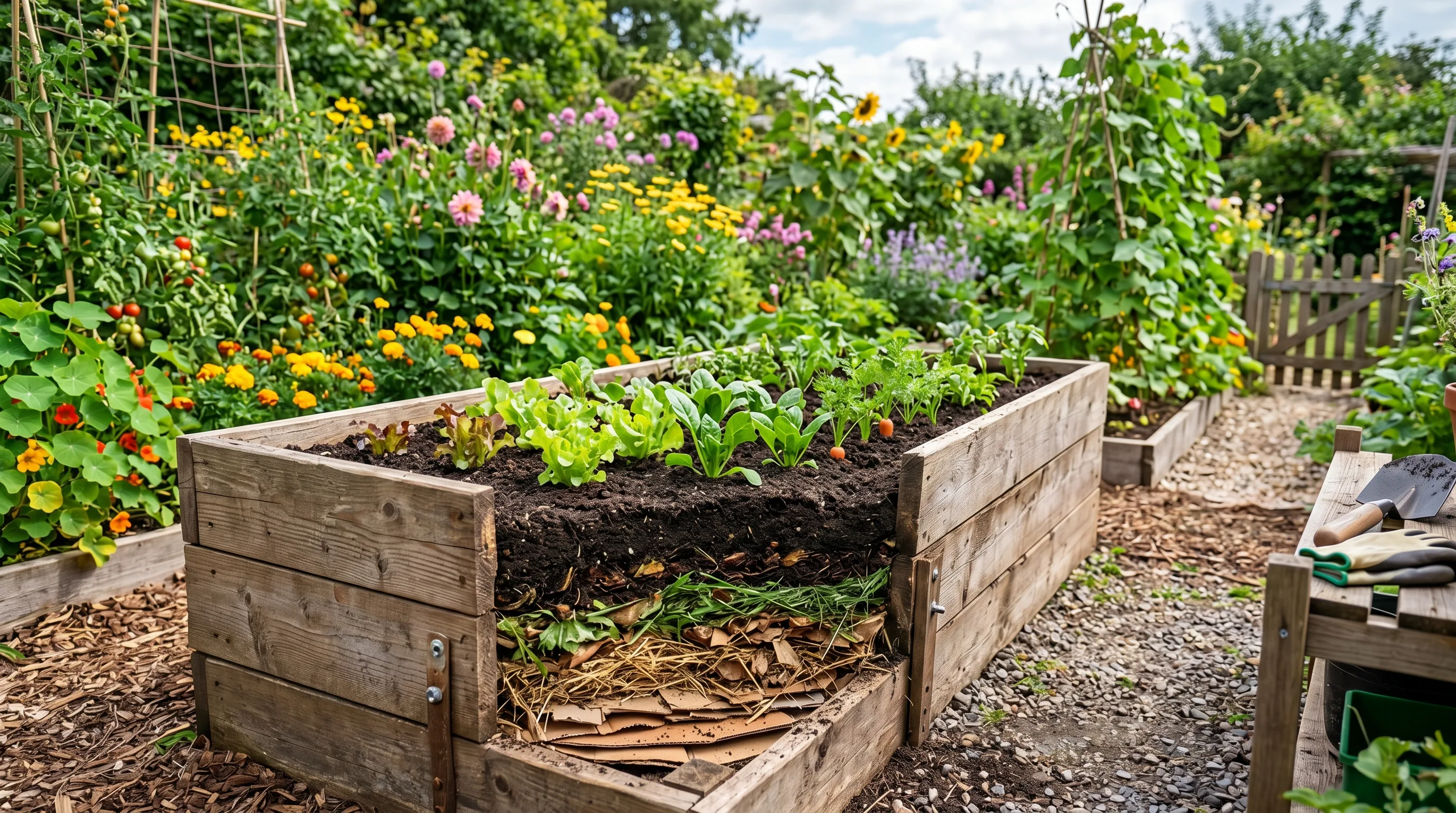 Wooden raised garden bed filled with lasagna gardening layers of yard waste, soil, and compost.