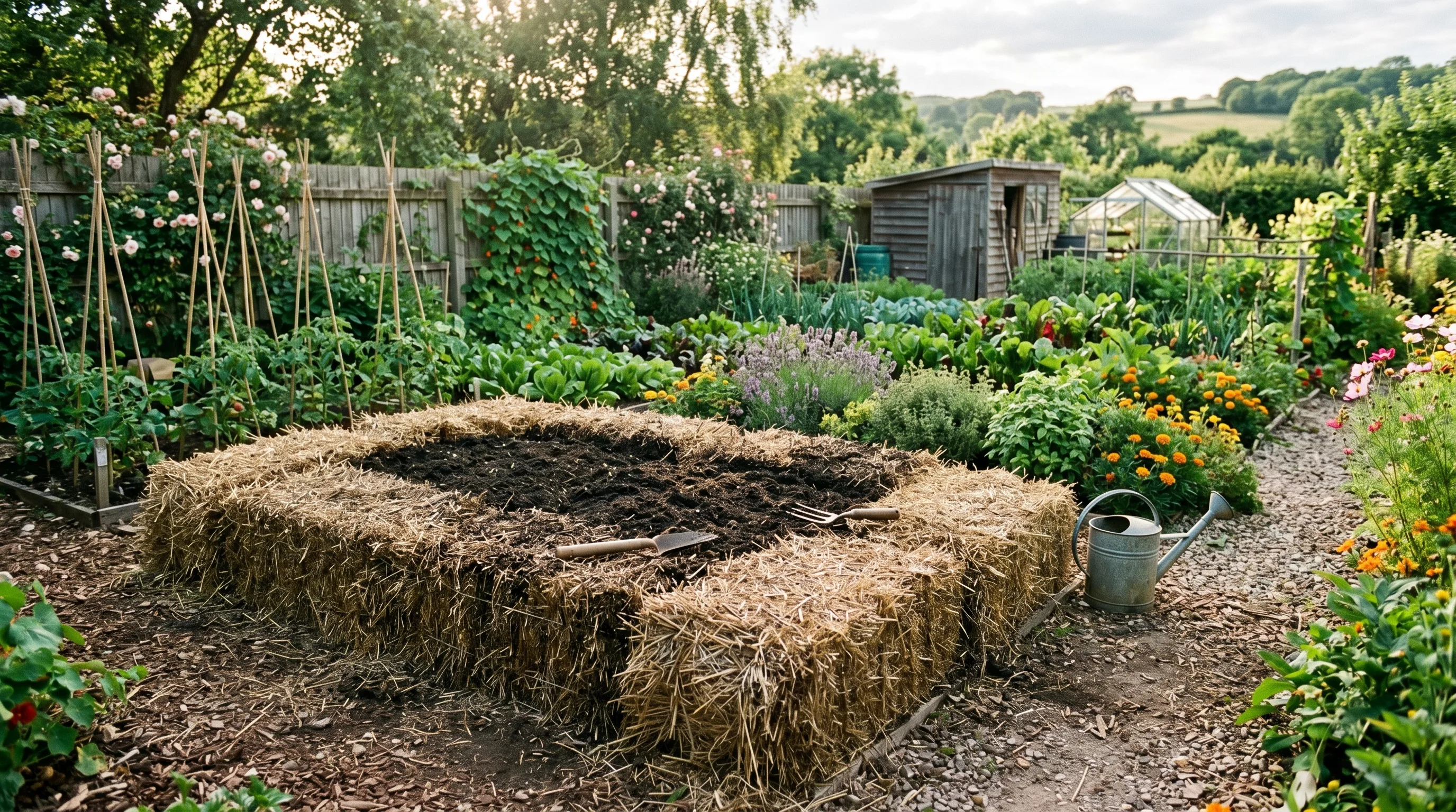 DIY raised bed using straw bales and compost filling technique.