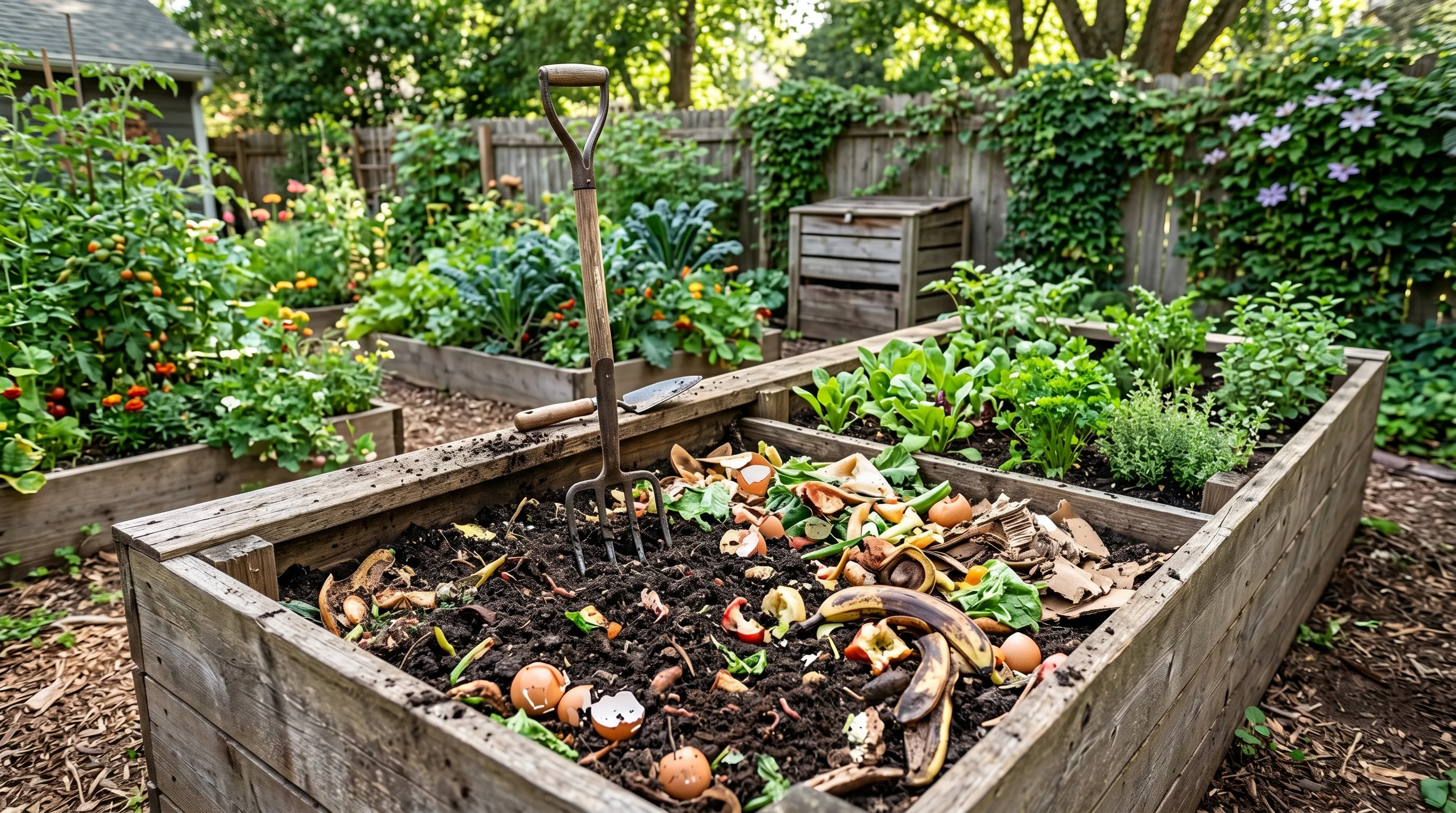 Raised bed using kitchen scraps composting into soil in an eco-friendly setup.