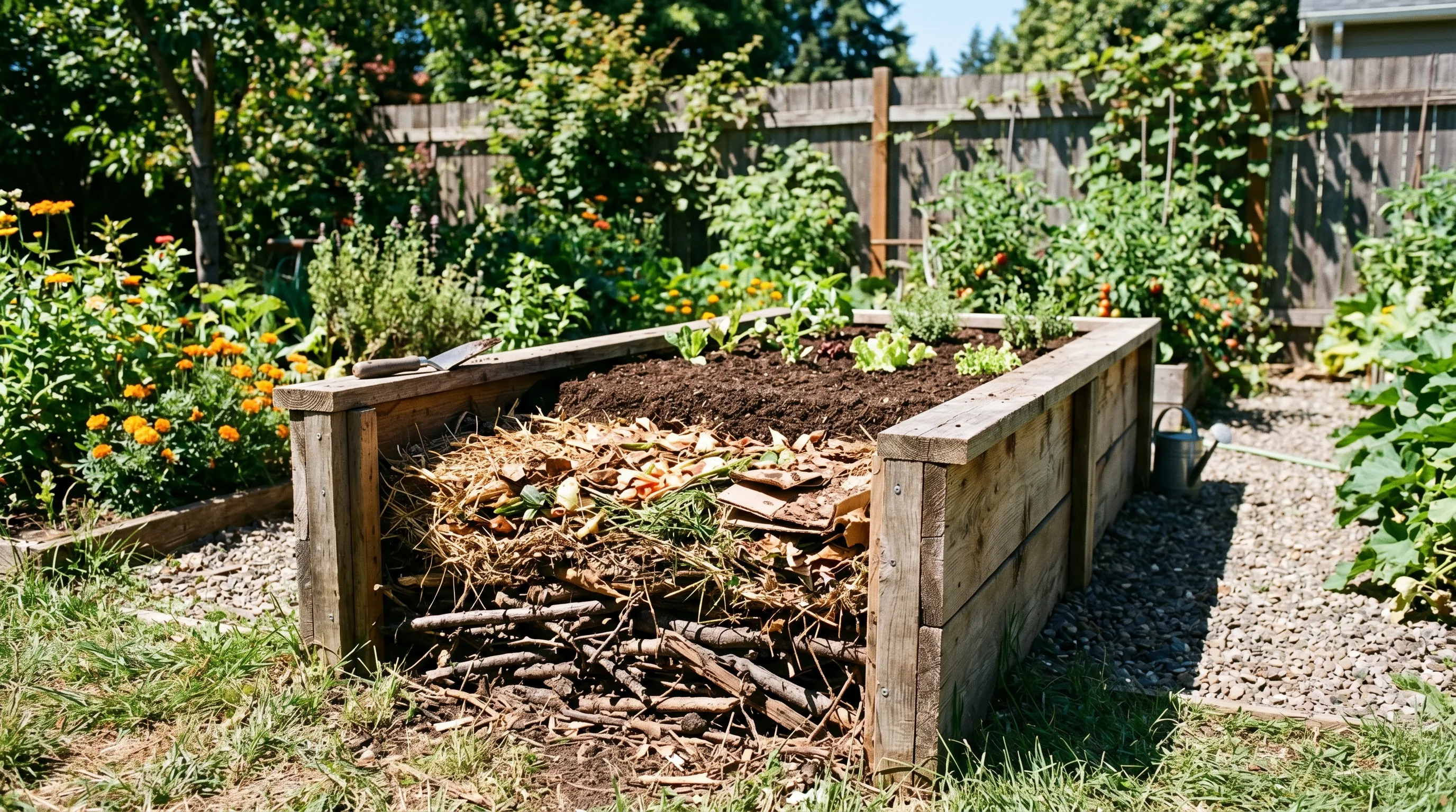 Raised bed partially filled showing distinct layers of soil, sticks, and organic matter.