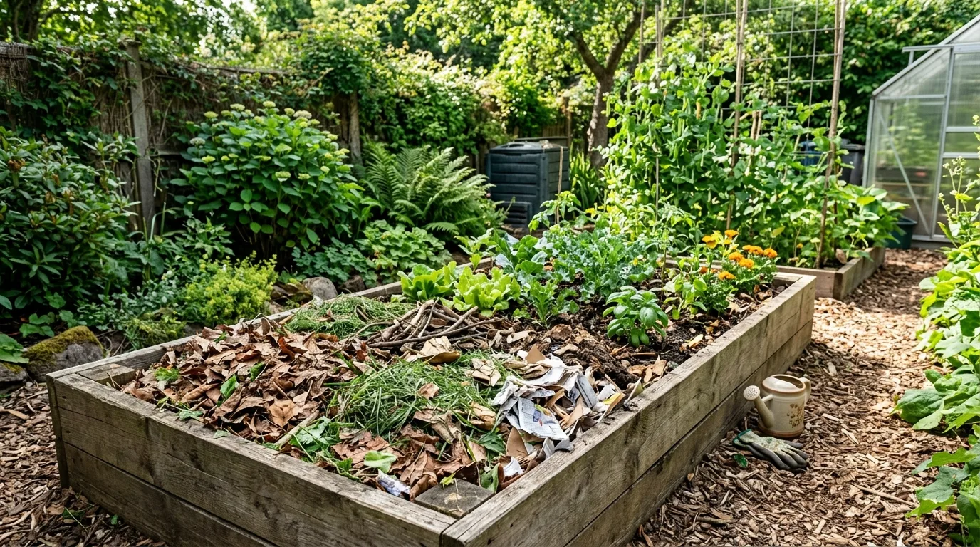 Garden bed filled with free local materials like leaves, grass clippings, and shredded paper.