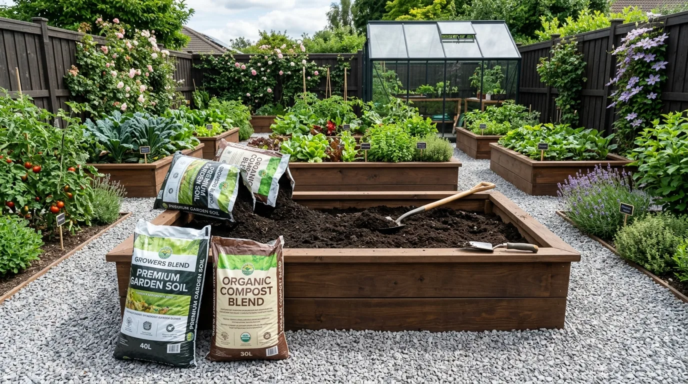 Modern raised bed being filled with store-bought soil mix and compost blend.