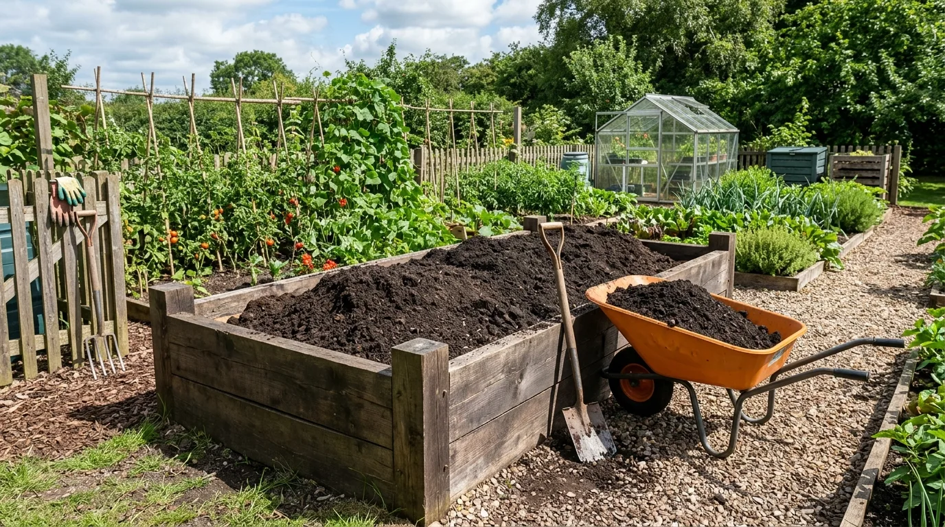 Large raised bed being filled using wheelbarrow delivery of soil and compost.